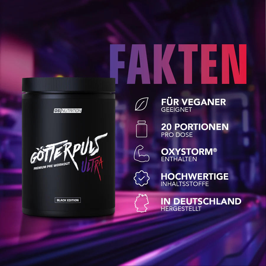 OS Nutrition Götterpuls ULTRA Pre Workout Dose mit veganen Vorteilen und Oxystorm.