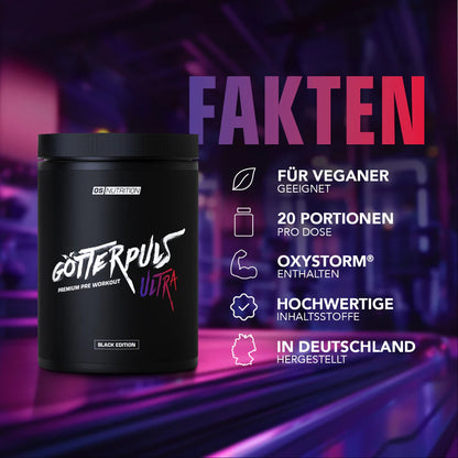 OS Nutrition Götterpuls ULTRA Pre Workout Dose mit veganen Vorteilen und Oxystorm.