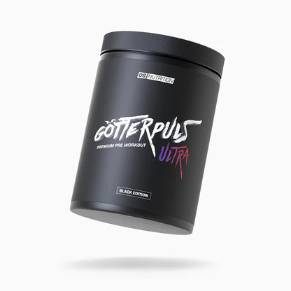 OS Nutrition Götterpuls ULTRA Premium Pre Workout Black Edition Dose vor weißem Hintergrund
