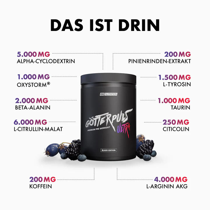 OS Nutrition Götterpuls ULTRA Pre Workout Dose mit Inhaltsstoffen wie Beta-Alanin und Koffein.