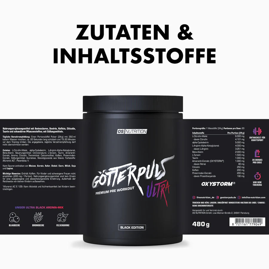Götterpuls ULTRA Premium Pre Workout von OS Nutrition, 480g Dose mit Zutatenliste.