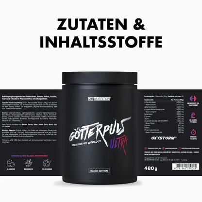 Götterpuls ULTRA Premium Pre Workout von OS Nutrition, 480g Dose mit Zutatenliste.