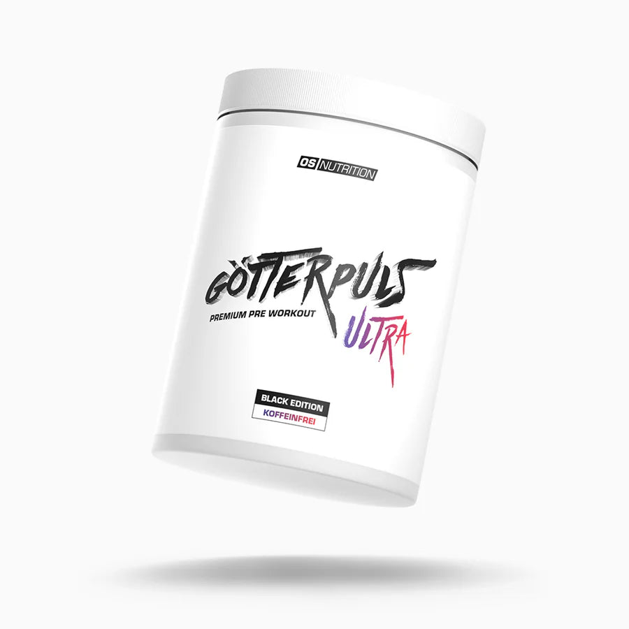 Weiße Dose GÖTTERPULS Ultra Pre-Workout Booster Black Edition koffeinfrei auf weißem Hintergrund