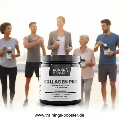 Human Protect Collagen Pro bovine hydrolysierte Kollagenpeptide in einer Dose vor Sportlern.