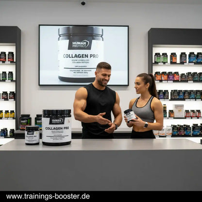 Muskulöses Paar präsentiert Human Protect Collagen Pro Kollagen-Proteinpulver im Supplement-Shop.