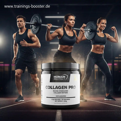 Human Protect Collagen Pro Nahrungsergänzungsmittel vor sportlichen Menschen im Fitnessstudio