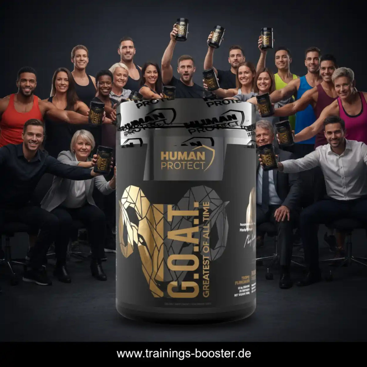 Human Protect G.O.A.T. Sportnahrung Dose im Zentrum einer Gruppe von sportlichen Menschen.