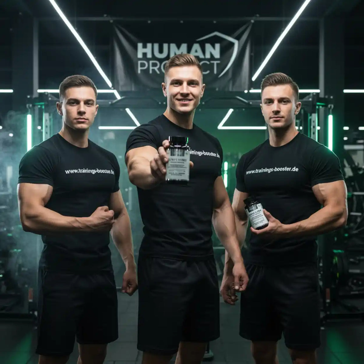 Drei muskulöse Männer im Fitnessstudio präsentieren Nahrungsergänzungsmittel.