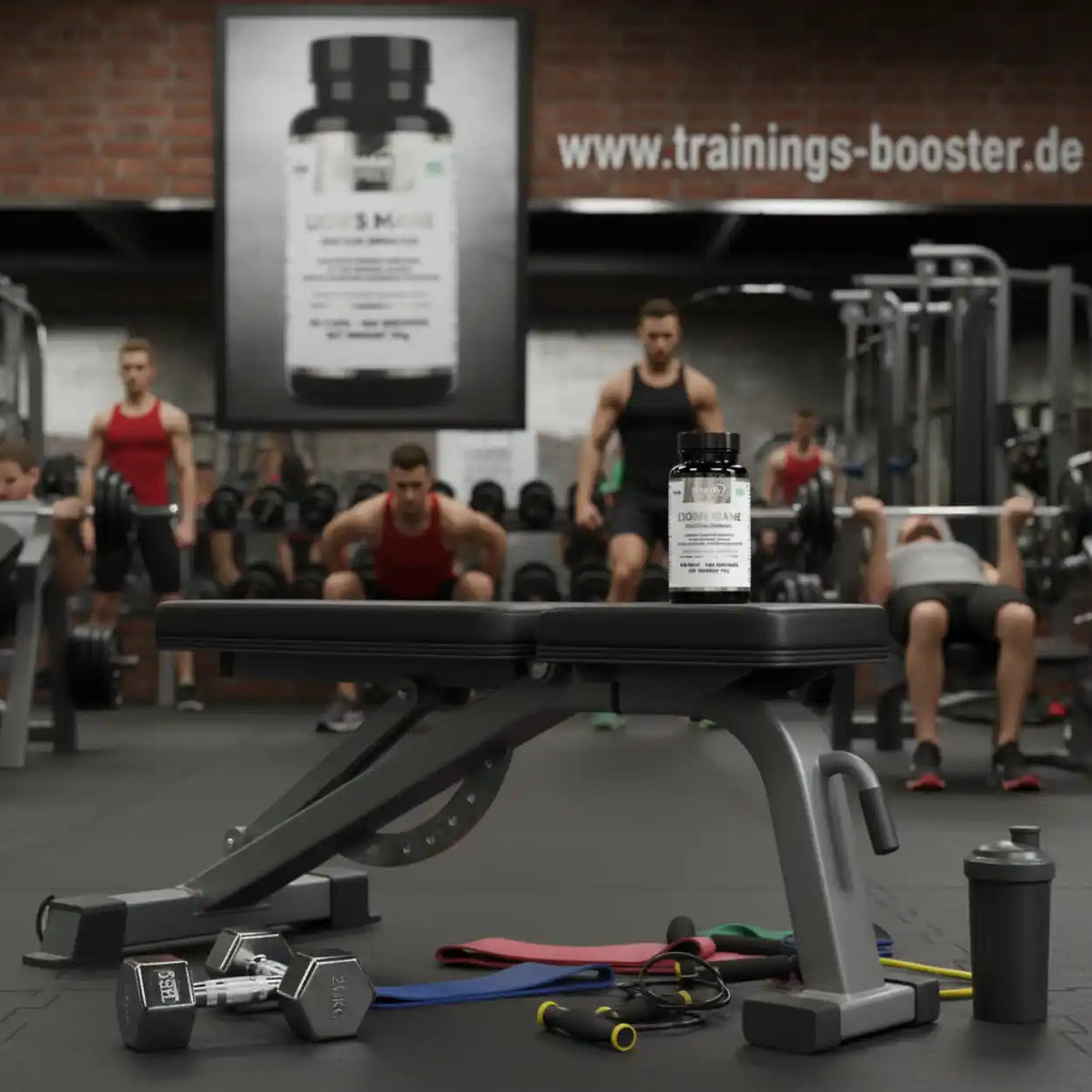 Nahrungsergänzungsmittel auf einer Hantelbank in einem Fitnessstudio mit trainierenden Sportlern.
