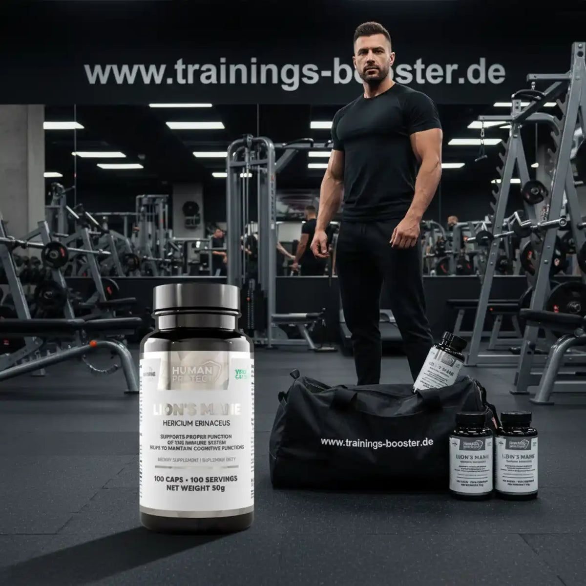 Lion's Mane Nahrungsergänzungsmittel vor einem muskulösen Mann im Fitnessstudio.