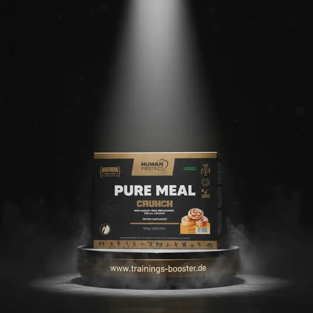 Human Protect Pure Meal Crunch Mahlersatz-Pulver in goldener Verpackung vor schwarzem Hintergrund