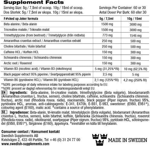 Nährwerttabelle und Inhaltsstoffe des Swedish Supplements I am Fucked up JOKER Pre Workout Boosters