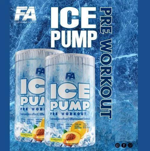 ICE PUMP Pre Workout Booster Dose, blaue Verpackung, 463g, mit Eismuster und Melonengrafik