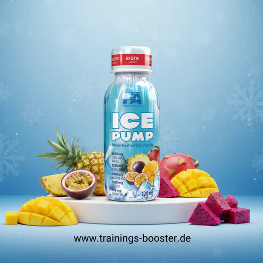 FA Nutrition ICE PUMP Shot 120ml mit Mango, Ananas und Drachenfrucht auf hellem Hintergrund.
