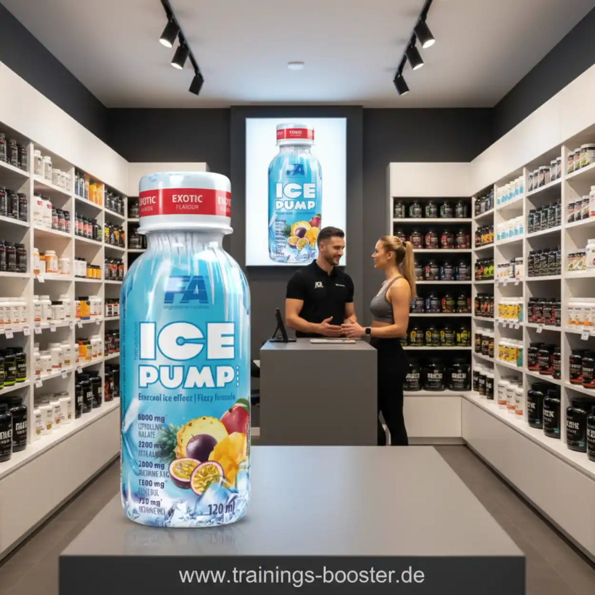 FA Nutrition ICE PUMP Shot 120ml Nahrungsergänzungsmittel in einem modernen Supplement-Store.