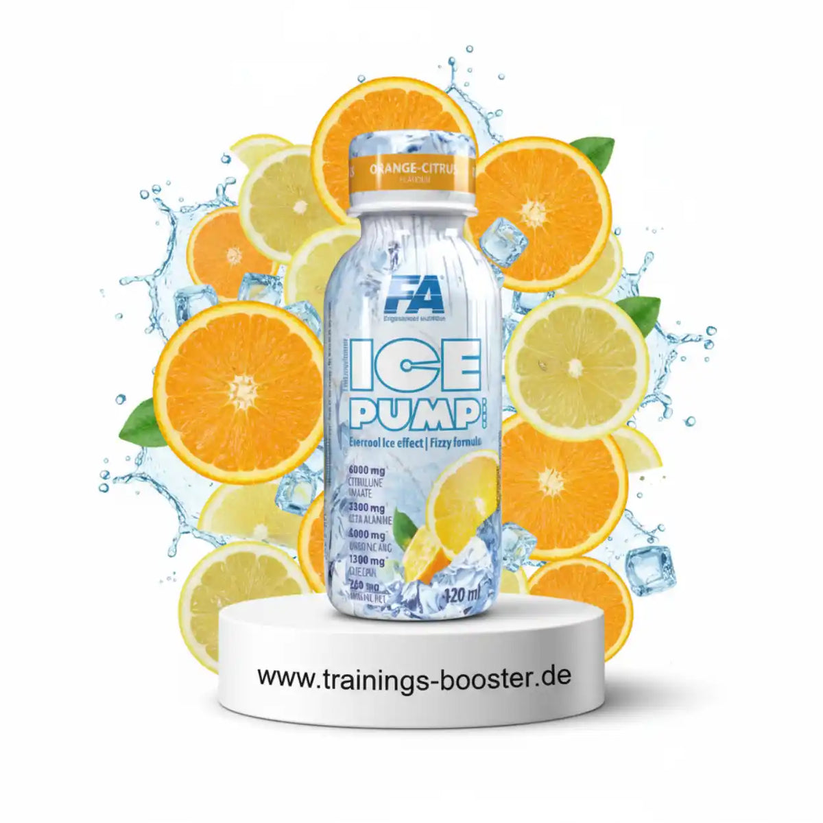 FA Nutrition ICE PUMP Shot mit Orangen und Eiswürfeln auf weißem Podest