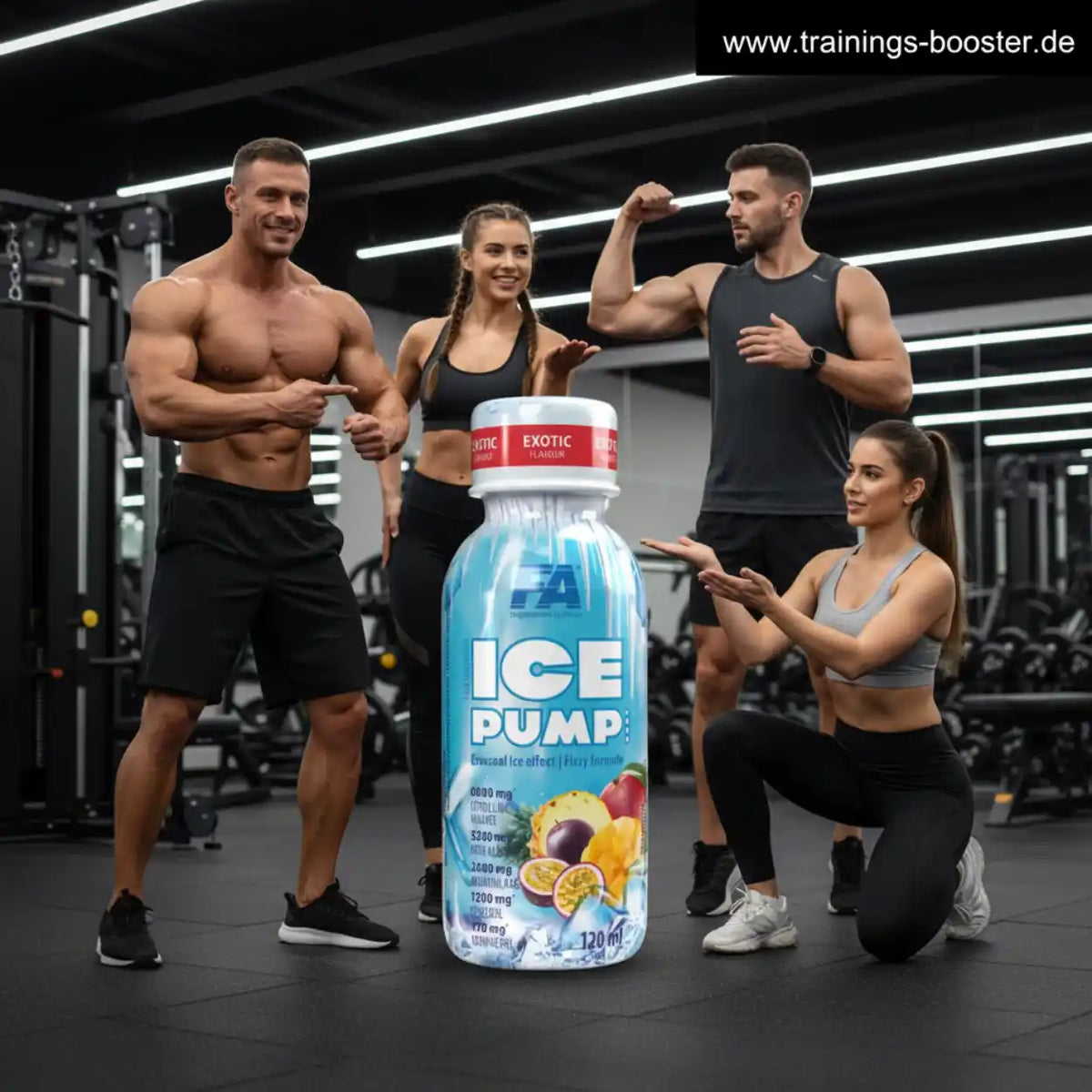 FA Nutrition ICE PUMP Shot 120ml Supplementflasche präsentiert von Fitnesstrainern im Gym.