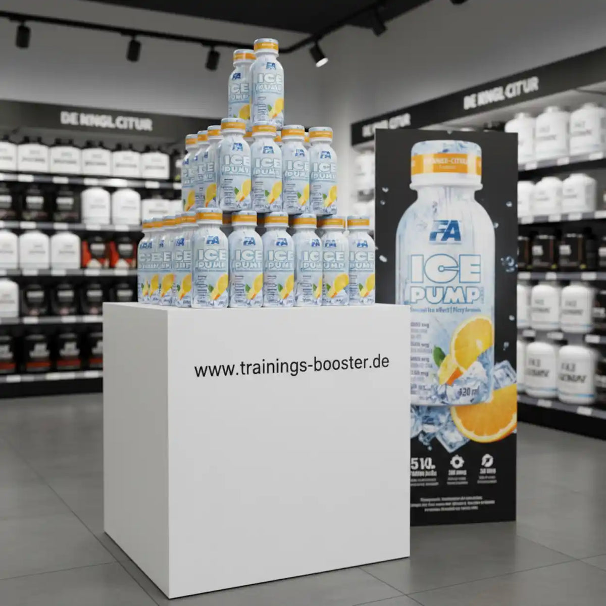 Pyramidenförmige Präsentation von FA Nutrition ICE PUMP Shots auf einem weißen Podest.