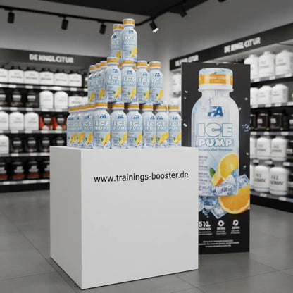 Pyramidenförmige Präsentation von FA Nutrition ICE PUMP Shots auf einem weißen Podest.