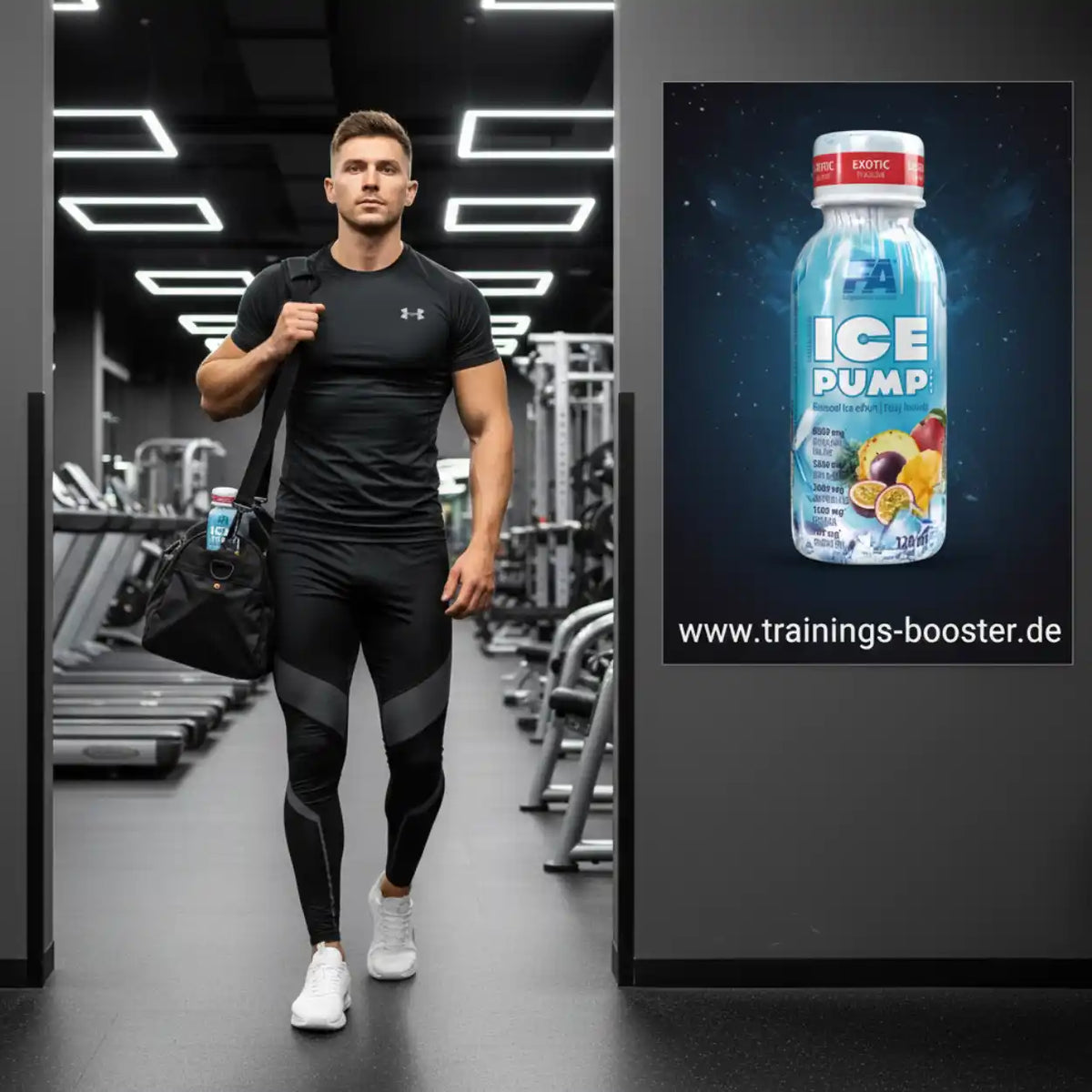 Muskulöser Mann im Fitnessstudio neben FA Nutrition ICE PUMP Shot 120ml Produktbild.