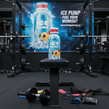 FA Nutrition ICE PUMP Shot auf einer Hantelbank in einem Fitnessstudio