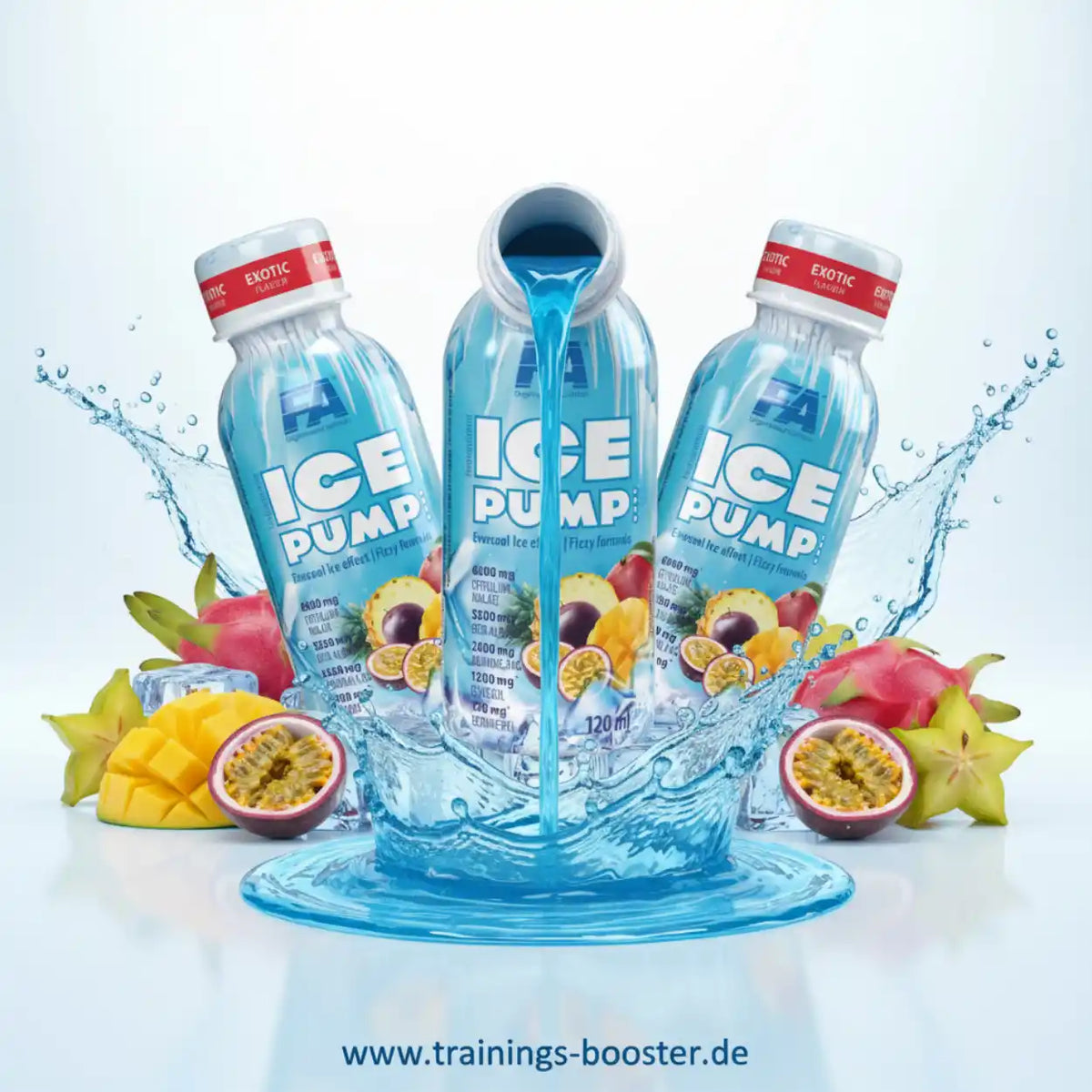 Drei FA Nutrition ICE PUMP Shots mit spritzendem Wasser, Passionsfrüchten und Mango.