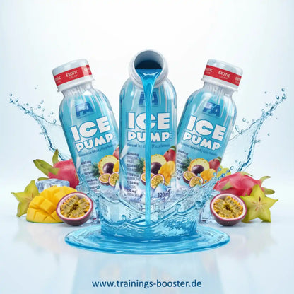 Drei FA Nutrition ICE PUMP Shots mit spritzendem Wasser, Passionsfrüchten und Mango.