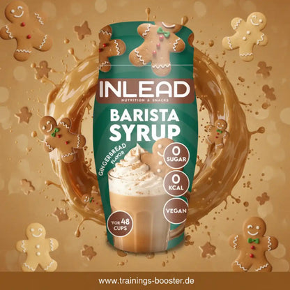 Inlead Nutrition Barista Syrup in Lebkuchen-Geschmack mit Kaffee und Lebkuchenmännern.