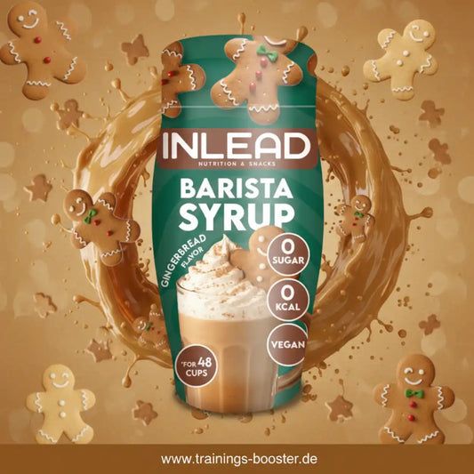 Inlead Nutrition Barista Syrup in Lebkuchen-Geschmack mit Kaffee und Lebkuchenmännern.