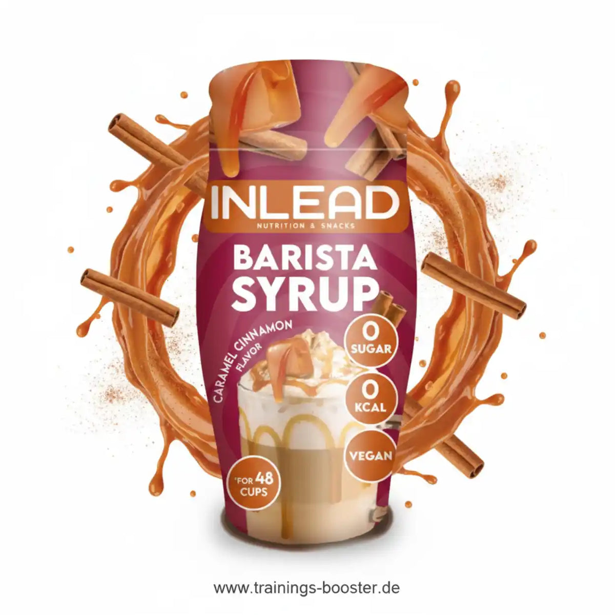Inlead Nutrition Barista Syrup in der Geschmacksrichtung Caramel Cinnamon, zuckerfrei und vegan.