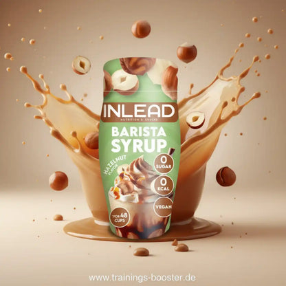 Inlead Nutrition Barista Syrup Haselnuss, zuckerfrei und vegan, vor einem Kaffee-Spritzer Hintergrund.