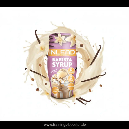 Inlead Nutrition Barista Syrup in Vanille-Geschmack vor einem Hintergrund aus Milchspritzern