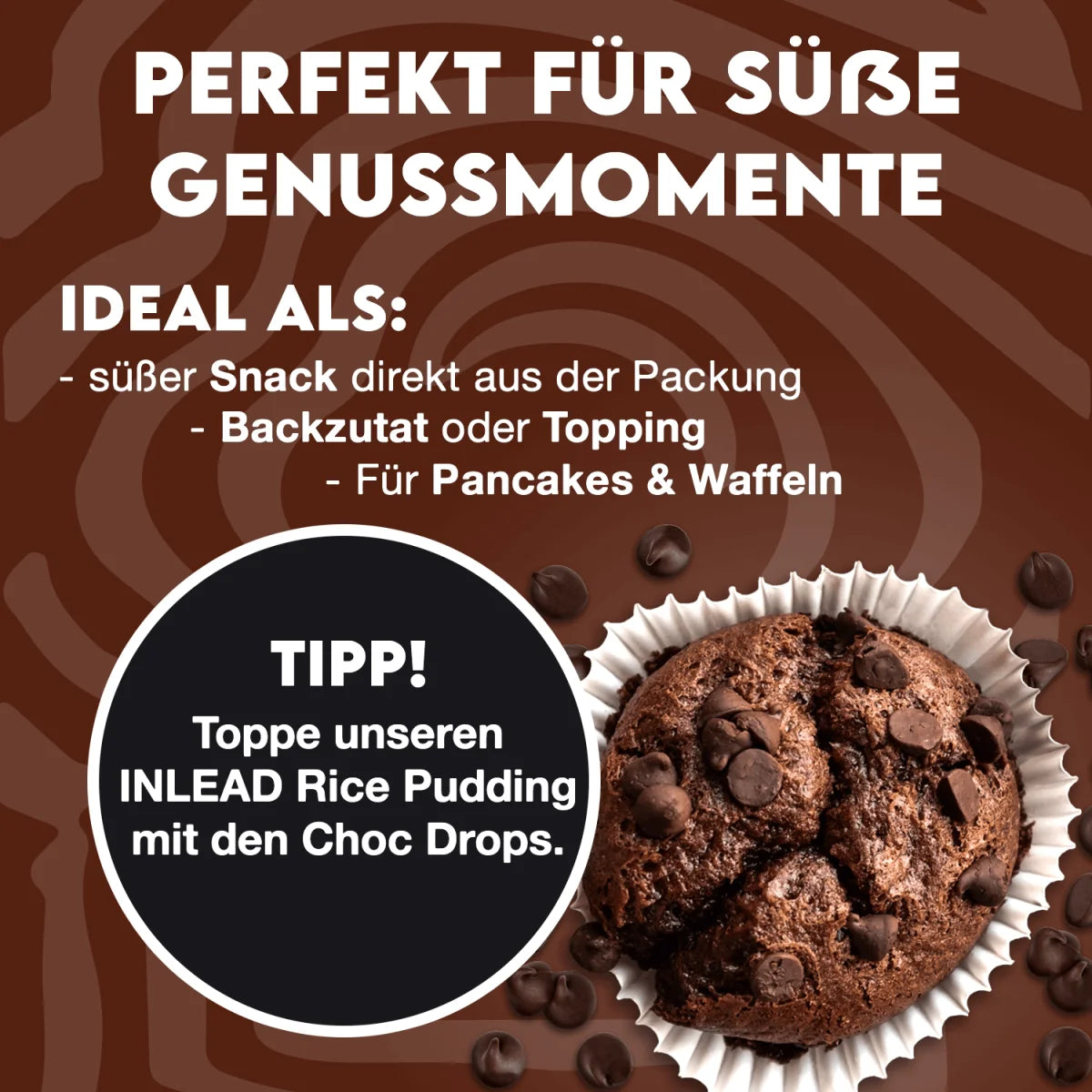 Inlead Nutrition Choc Drops auf einem Schokoladenmuffin als süßer Snack oder Backzutat.
