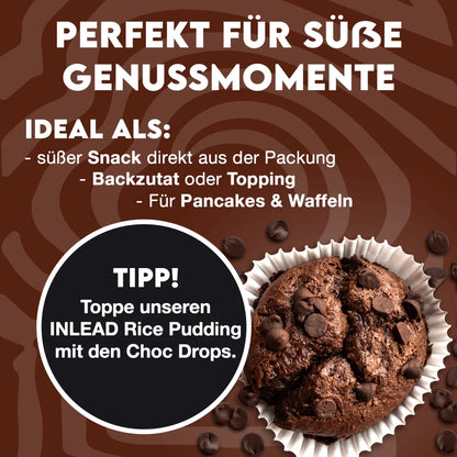 Inlead Nutrition Choc Drops auf einem Schokoladenmuffin als süßer Snack oder Backzutat.