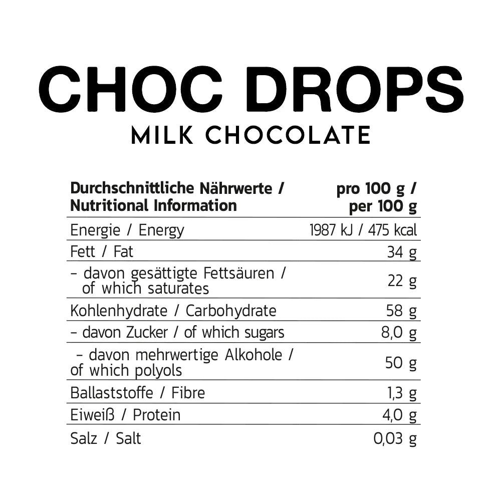 Nährwerttabelle für Inlead Nutrition Choc Drops Vollmilchschokolade pro 100g.