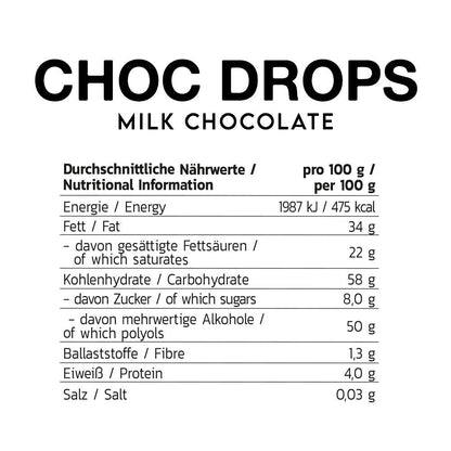 Nährwerttabelle für Inlead Nutrition Choc Drops Vollmilchschokolade pro 100g.