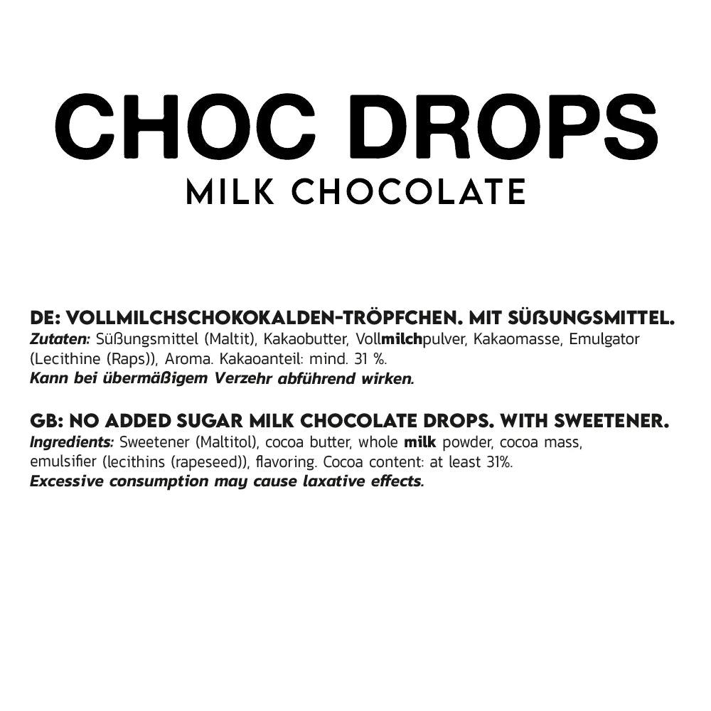 Zutatenliste der Inlead Nutrition Choc Drops Vollmilchschokolade ohne Zuckerzusatz.