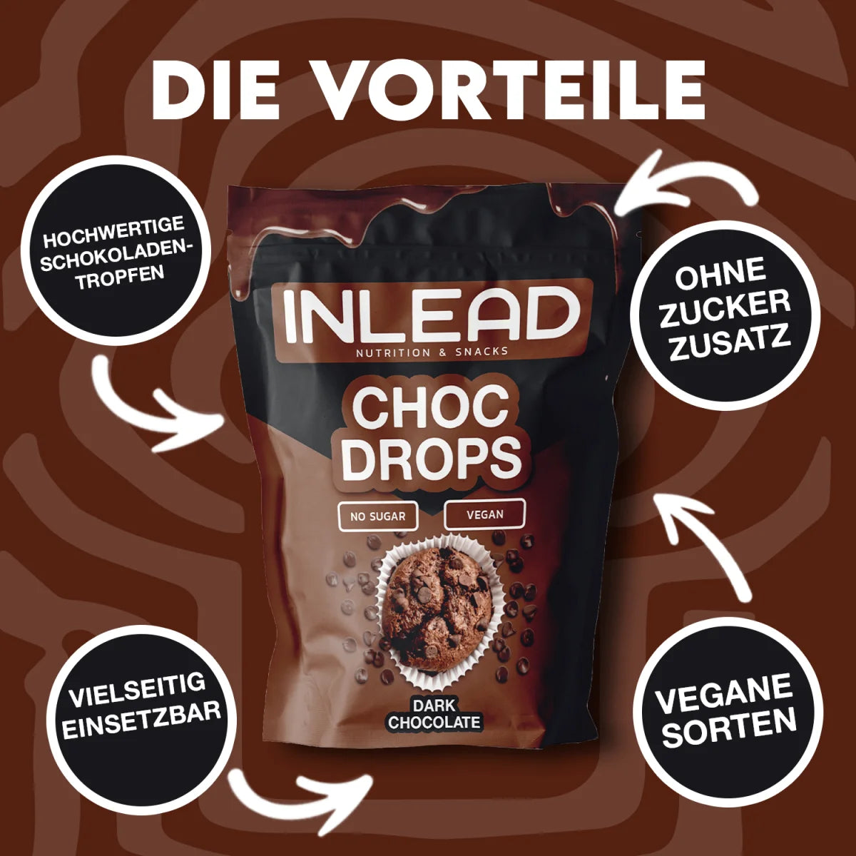 Inlead Nutrition Choc Drops zuckerfreie vegane dunkle Schokoladentropfen in der Verpackung