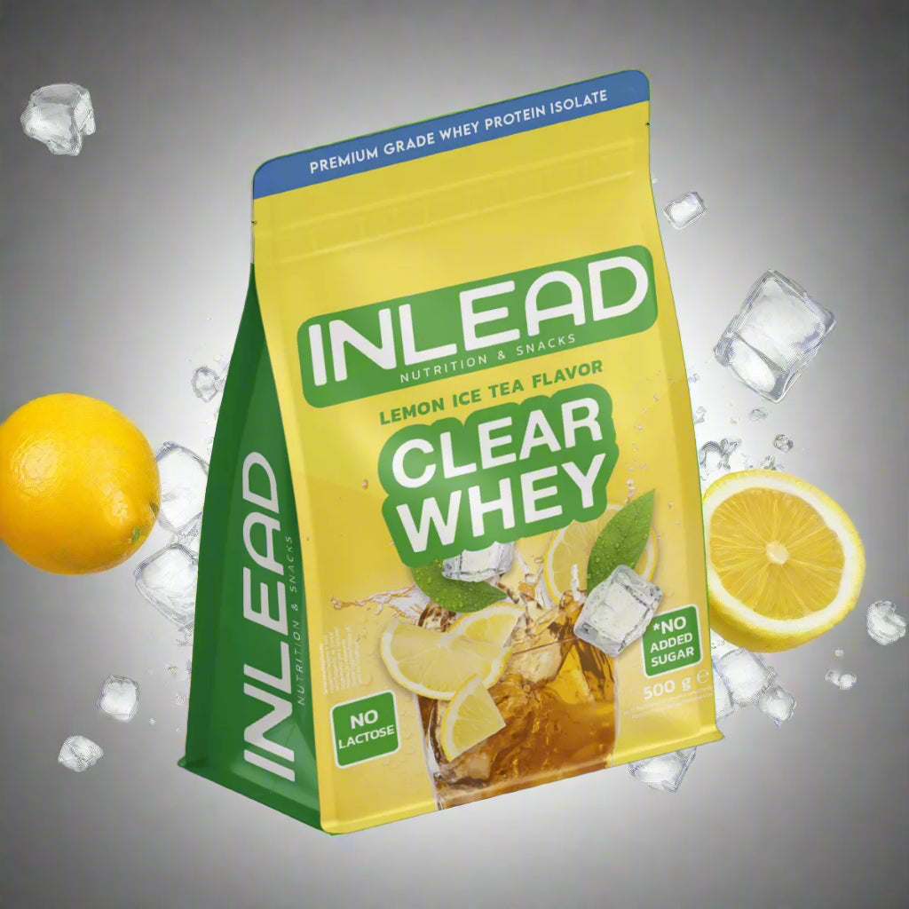 Inlead Nutrition Clear Whey Isolate im Lemon Ice Tea Geschmack, 500g Packung mit Zitronen.