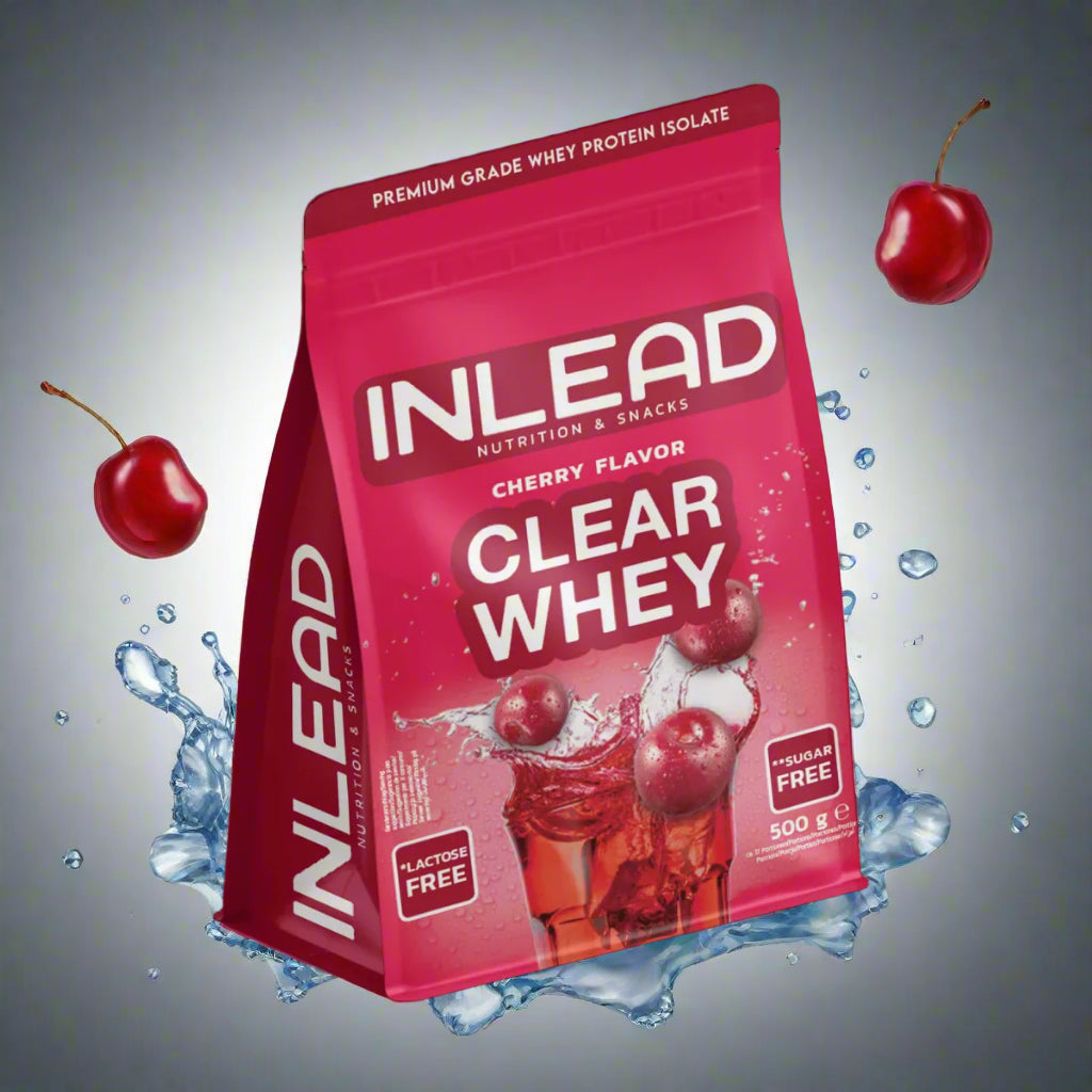 Inlead Nutrition Clear Whey Isolate Kirschgeschmack, 500g Packung mit Wasserspritzern und Kirschen
