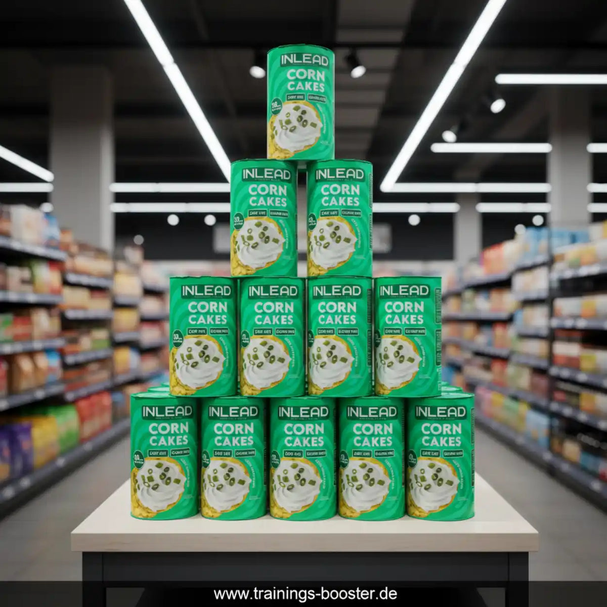 Pyramide aus Inlead Nutrition Corn Cakes Dosen in einem Supermarktregal