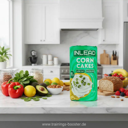 Inlead Nutrition Corn Cakes Verpackung auf einer Küchentheke mit frischem Gemüse und Obst.