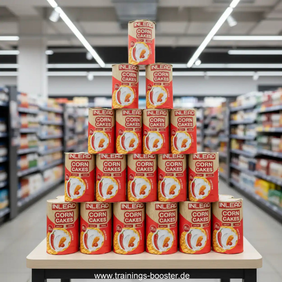 Pyramide aus Inlead Nutrition Corn Cakes Dosen in einem Supermarktregal
