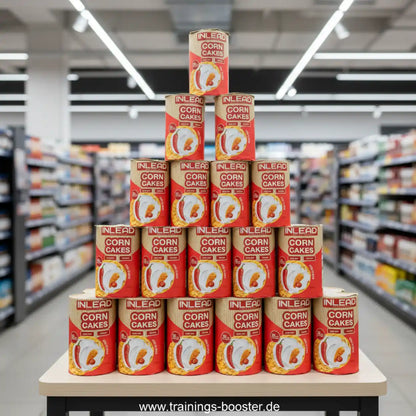 Pyramide aus Inlead Nutrition Corn Cakes Dosen in einem Supermarktregal