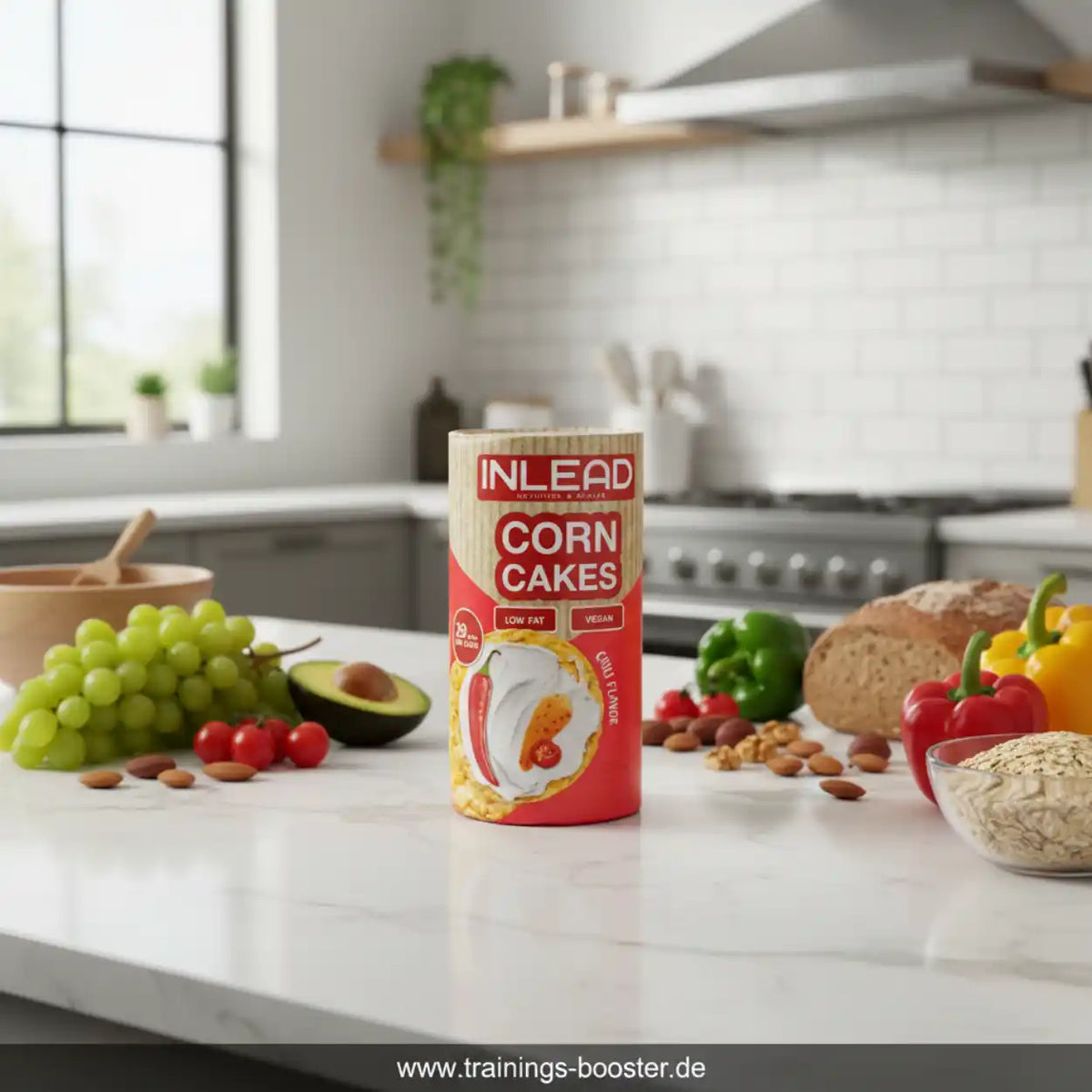Inlead Nutrition Corn Cakes Packung auf einer Küchenarbeitsplatte mit Obst und Gemüse