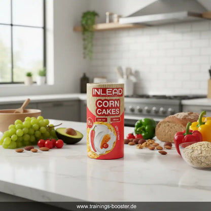 Inlead Nutrition Corn Cakes Packung auf einer Küchenarbeitsplatte mit Obst und Gemüse