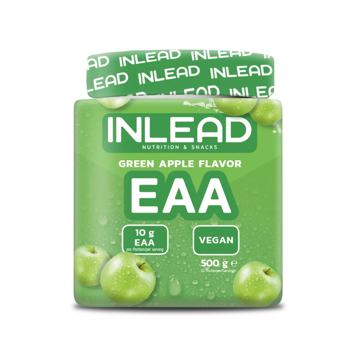 Inlead Nutrition EAA veganes Nahrungsergänzungsmittel in grüner Dose, Geschmack Grüner Apfel, 500g