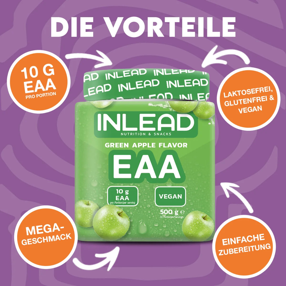 Inlead Nutrition EAA Green Apple Flavor 500g Pulver, vegan und laktosefrei.
