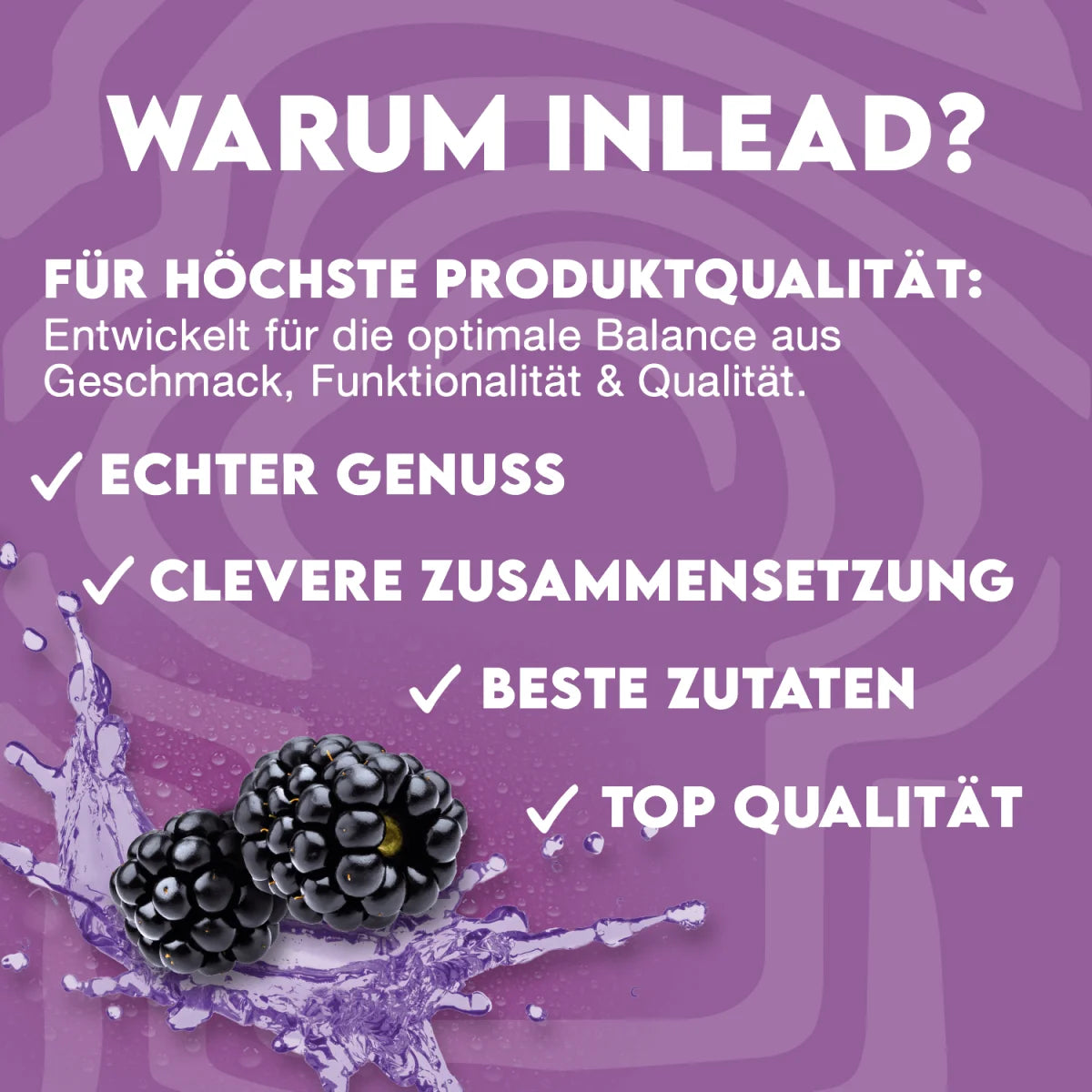 Inlead Nutrition Werbegrafik mit Brombeeren und Qualitätsversprechen für EAA Nahrungsergänzung.