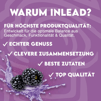 Inlead Nutrition Werbegrafik mit Brombeeren und Qualitätsversprechen für EAA Nahrungsergänzung.